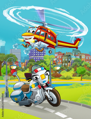 cartoon scene with police car vehicle on the road and fireman helicopter flying - illustration for children