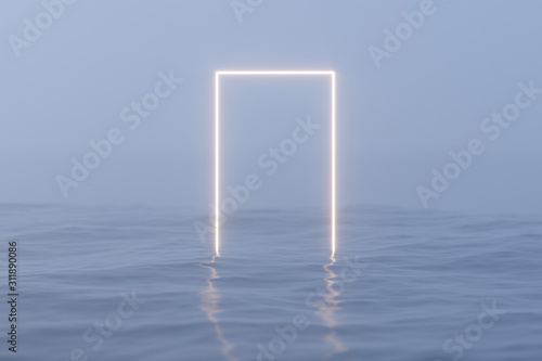 Glowing frame floating on the lake and reflecting in the water, 3d rendering.