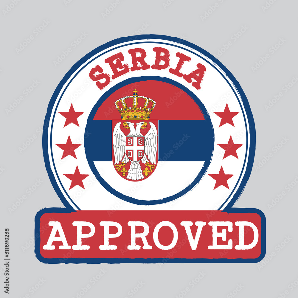 Vector Stamp of Approved logo with Serbian flag in the round shape on the center. Grunge Rubber Texture Stamp Approved from Serbia.