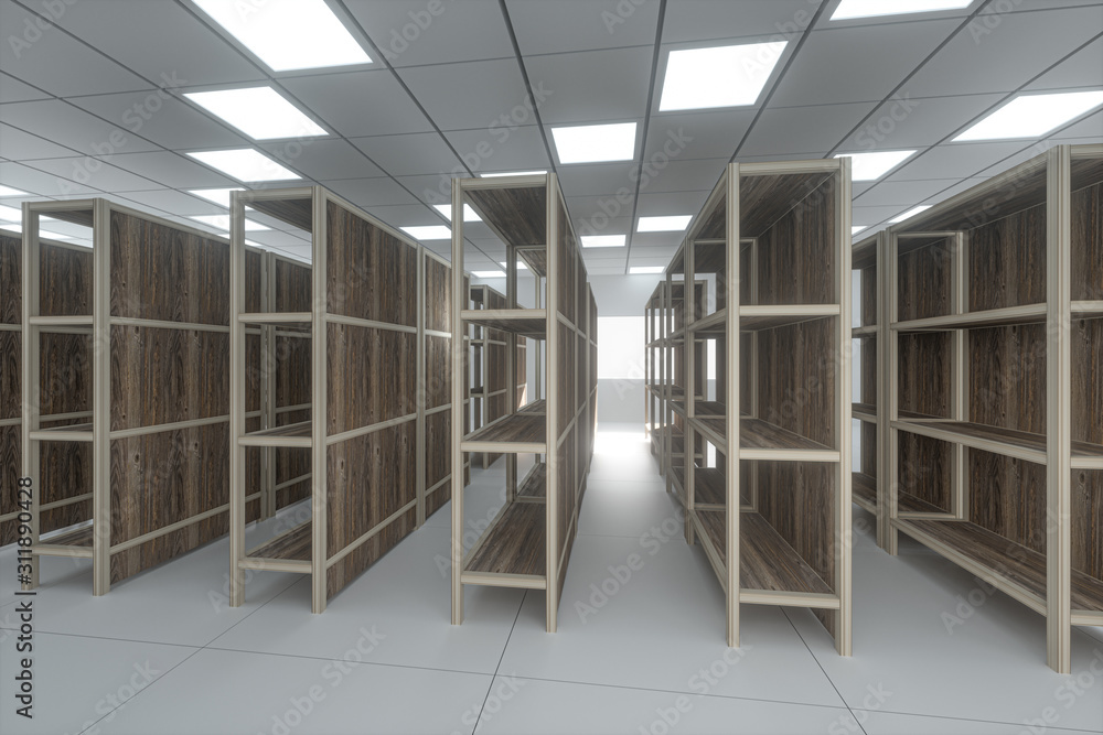 Rows of bookshelves in the bright room, 3d rendering. Rows of bookshelves in the bright room, 3d rendering.
