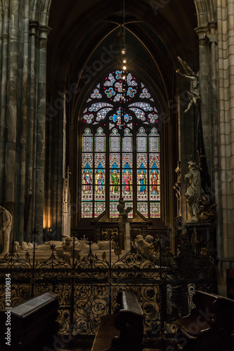 Prague  Czech Republic  Colorful religious stained glass window inside St. Vitus Cathedral