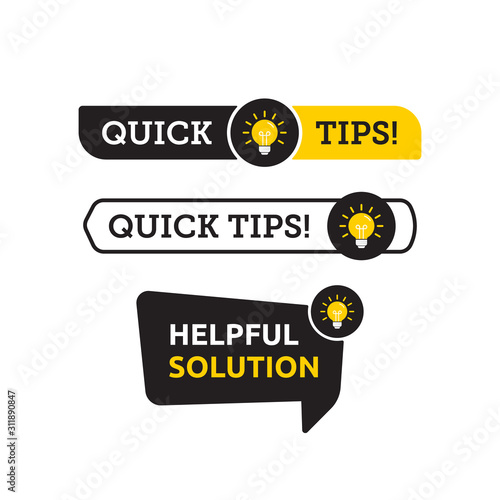 Quick tips, helpful tricks vector logo icon or symbol set with black and yellow color and lightbulb element suitable for web. emblems and banners vector set isolated