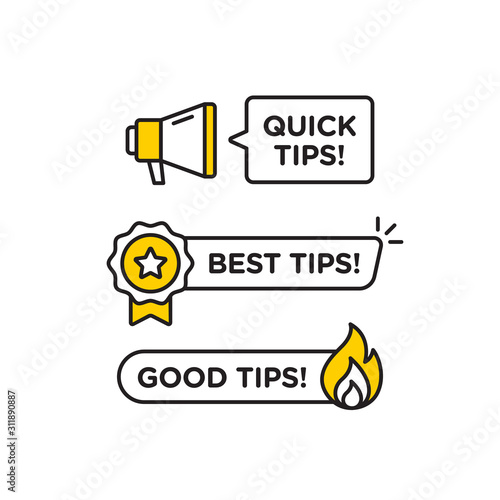 Quick tips, helpful tricks vector logo icon or symbol set with black and yellow color and lightbulb element suitable for web. emblems and banners vector set isolated