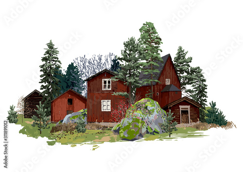 Old traditional scandinavian wooden houses, surrounded by coniferous trees and stones, covered with moss.