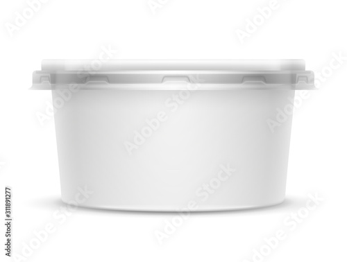 3D illustration of round plastic container with transparent lid isolated on white background.