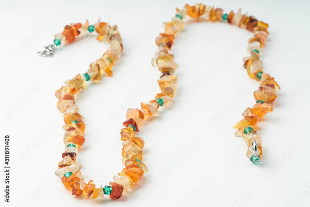 Handmade necklace made of carnelian and glass green bicones Handmade necklace made of carnelian and glass green bicones