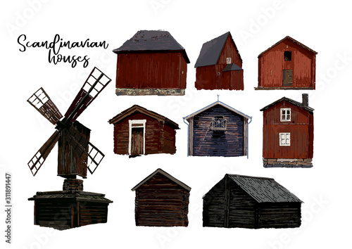 Collection of old mill and traditional scandinavian wooden houses