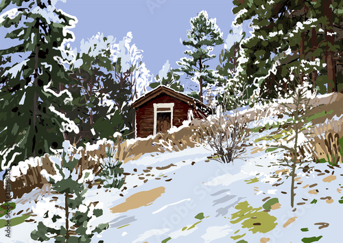 Scandinavian winter landscape with wooden house on the hillside surrounded by coniferous trees