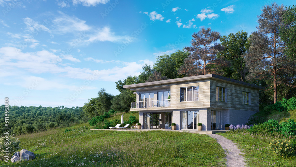 Modern country house on a grassy hill with a forest background.