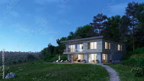 Modern country house on a grassy hill with a forest background. 3d render. © AndrewD