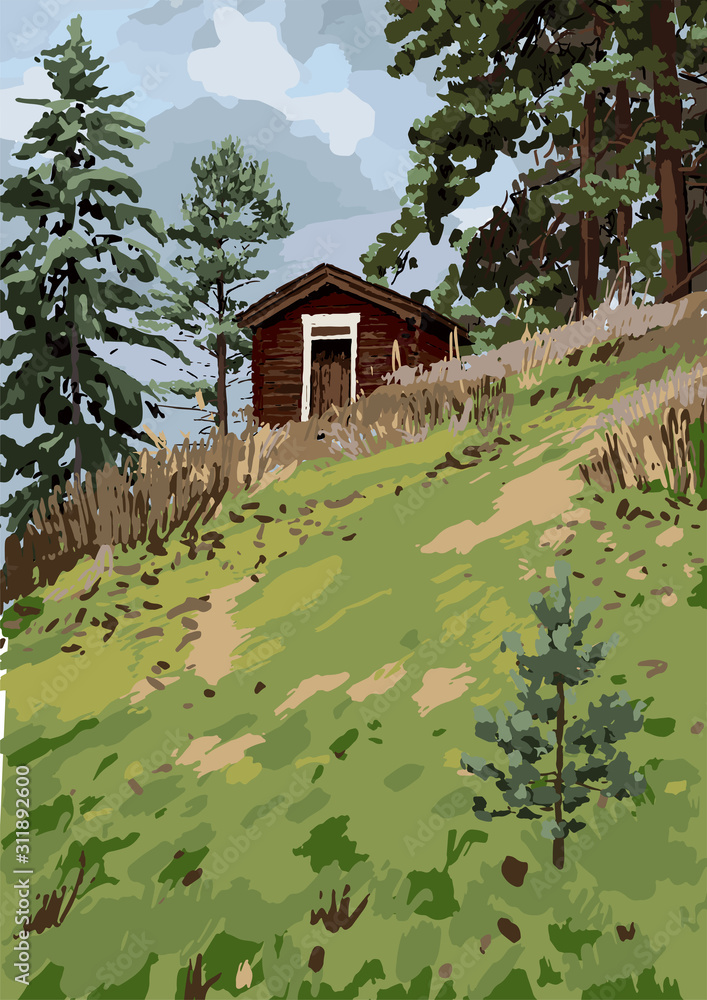 Scandinavian landscape with traditional wooden house on the hillside ...