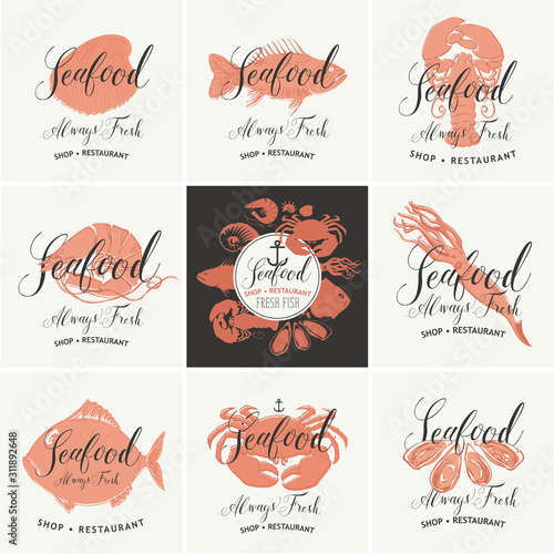 Set of vector banners for seafood shop or restaurant. Drawings of fishes, crustaceans, mussels and other sea inhabitants with handwritten inscriptions. Always fresh seafood.