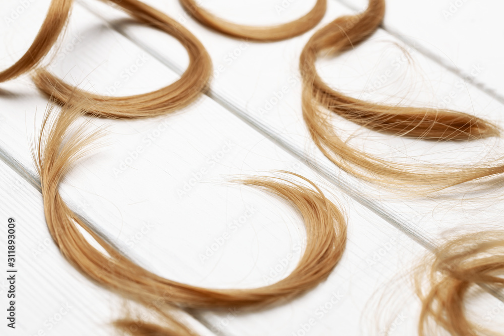 Cut hair curls on a white wooden background Cut hair curls on a white wooden background