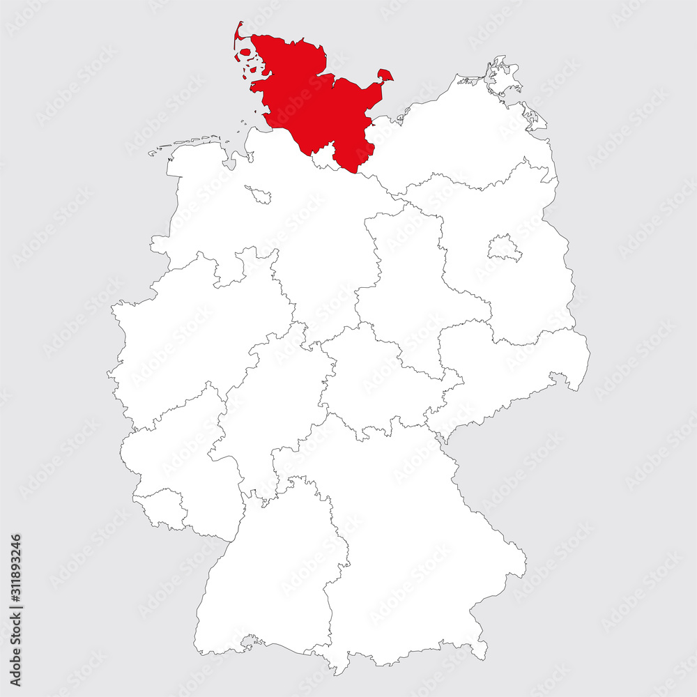 Schleswig holstein province highlighted red on germany map. Gray background. German political map.
