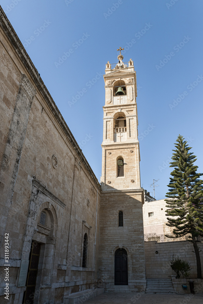 St. Nicholas church bell tower in Bay Jala - a suburb of Bethlehem in Palestine