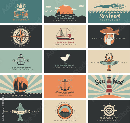 Set of vector business cards on the theme of fresh seafood in retro style. Can be used as label, emblem, logo, menu, flyer, design element for for fish shop or seafood restaurant