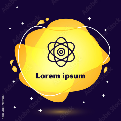 Black line Atom icon on blue background. Symbol of science, education, nuclear physics, scientific research. Electrons and protons sign. Abstract banner with liquid shapes. Vector Illustration