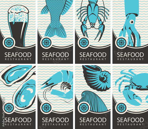 Set of vector banners or business cards for seafood restaurant with various seafood, beer and place for text