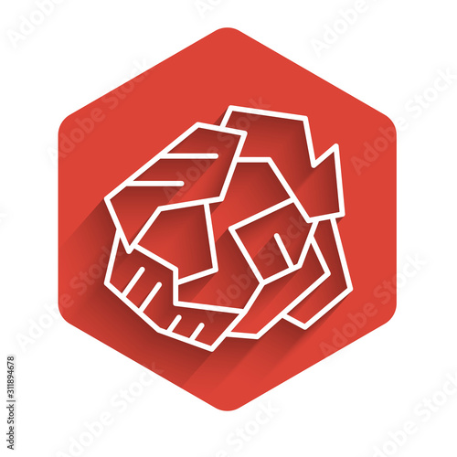 White line Crumpled paper ball icon isolated with long shadow. Red hexagon button. Vector Illustration