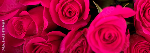 Horizontal closeup of bouquet of rose roses. Best flowers in Valentines day. Valentine day background. Flowers for love. Best present for woman are flowers