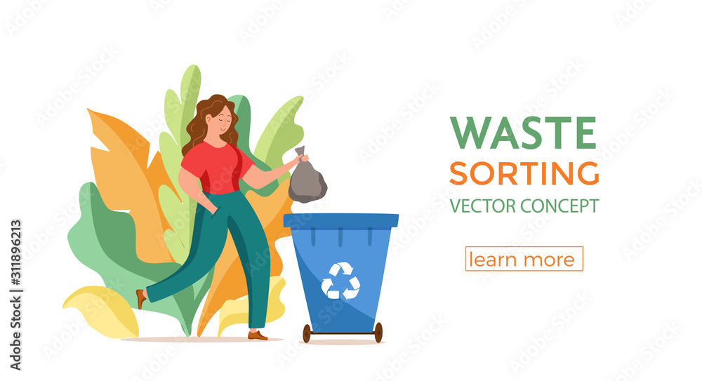 Young woman throwing garbage into containers vector illustration. Young woman throwing garbage into containers vector illustration.