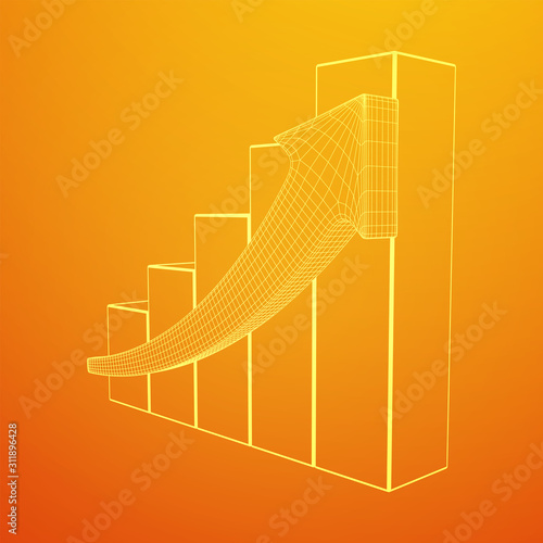 Bar graph with arrow grow  chart  business concept. Wireframe low poly mesh vector illustration