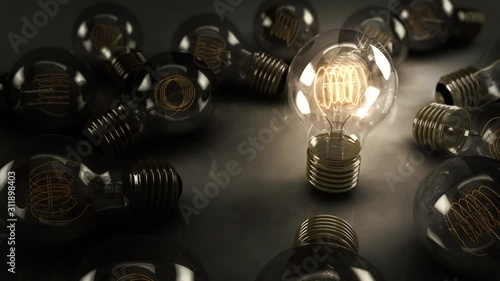 Animated Single 3D Illustrated Incandescent Light Bulb Surrounded by Multiple Bulbs on a Reflective Surface