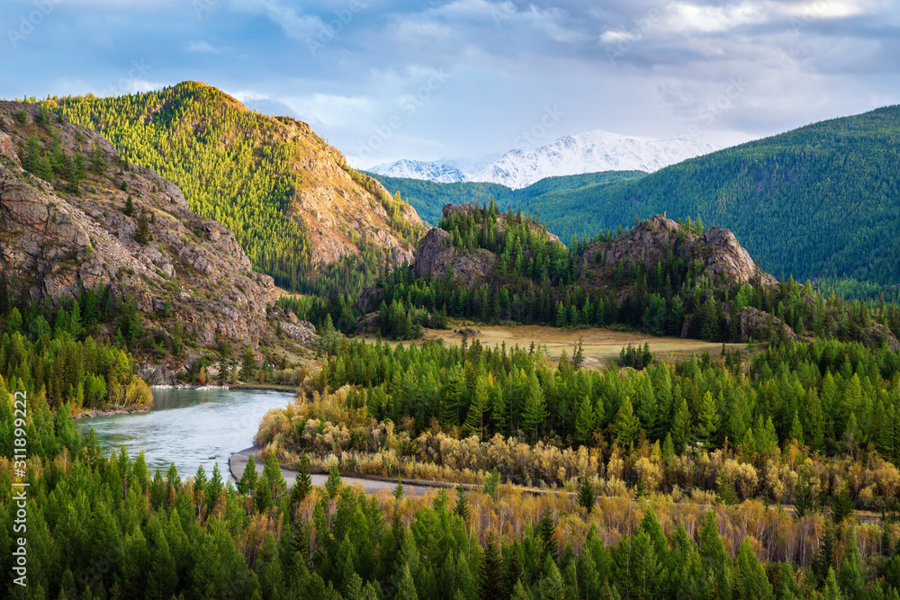 Chuya river valley, autumn mountain landscape. Mountain Altai, Russia Chuya river valley, autumn mountain landscape. Mountain Altai, Russia