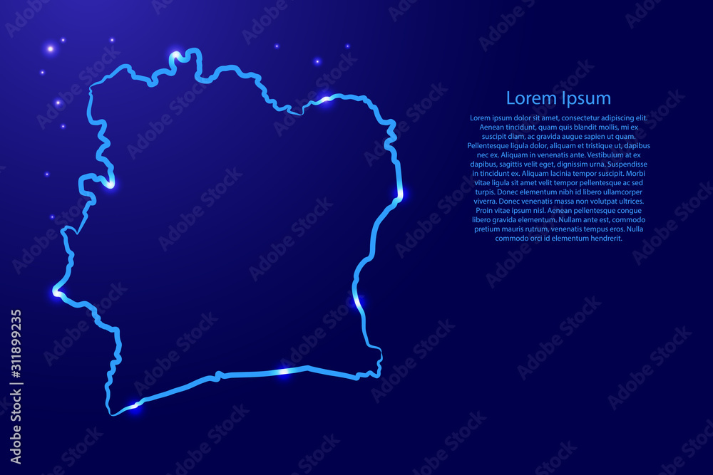 Ivory Coast map from the contour blue brush lines different thickness and glowing stars on dark background. Vector illustration.