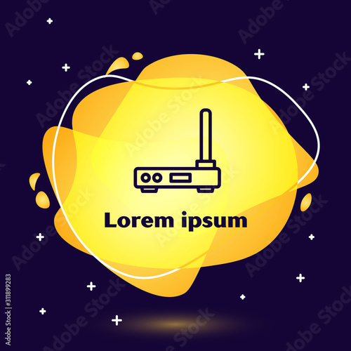 Black line Router and wi-fi signal symbol icon isolated on blue background. Wireless ethernet modem router. Computer technology internet. Abstract banner with liquid shapes. Vector Illustration