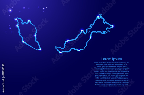 Malaysia map from the contour classic blue color brush lines different thickness and glowing stars on dark background. Vector illustration.