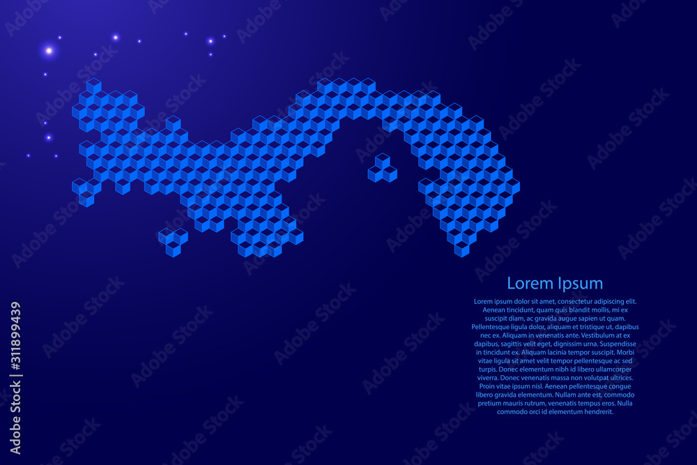 Panama map from 3D classic blue color cubes isometric abstract concept, square pattern, angular geometric shape, glowing stars. Vector illustration.