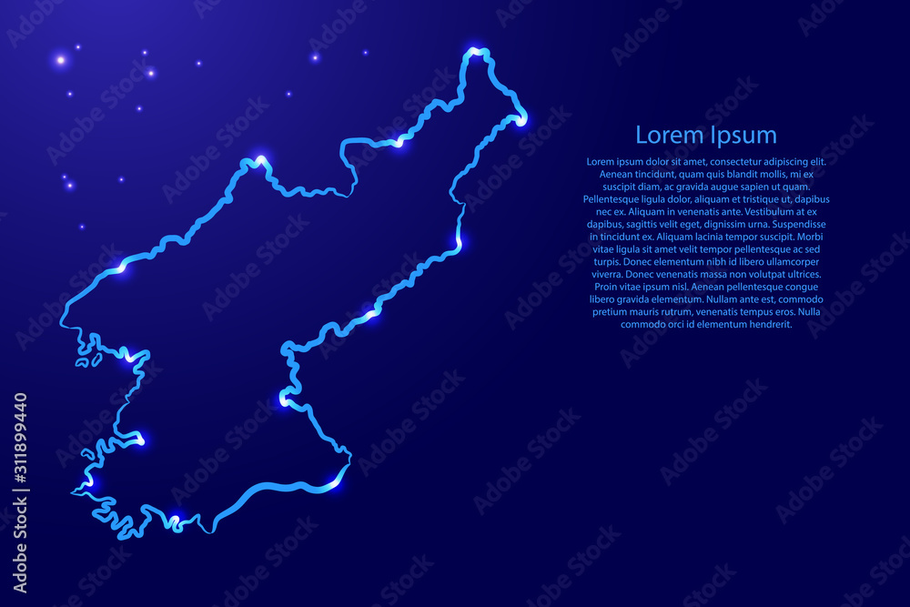 North Korea map from the contour blue brush lines different thickness and glowing stars on dark background. Vector illustration. North Korea map from the contour blue brush lines different thickness and glowing stars on dark background. Vector illustration.