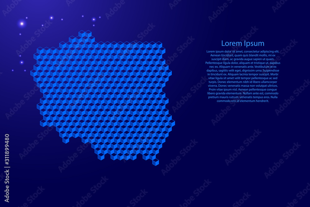 Poland map from 3D classic blue color cubes isometric abstract concept, square pattern, angular geometric shape, glowing stars. Vector illustration.