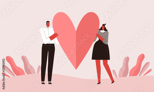Lovers man and woman declare love and talk. Isolated on white background.