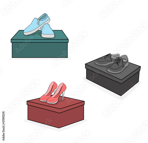 shoes are on the boxes. sale of shoes. selection of women's and men's shoes. vector illustration.