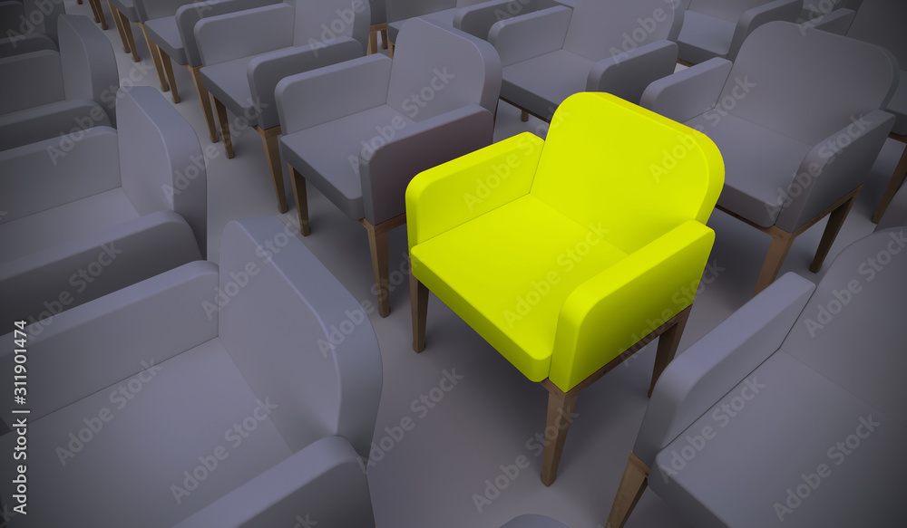 Concept or conceptual yellow armchair standing out in a  conference room as a metaphor for leadership, vision and strategy. A 3d illustration of individuality, creativity and achievement - obrazy, fototapety, plakaty 