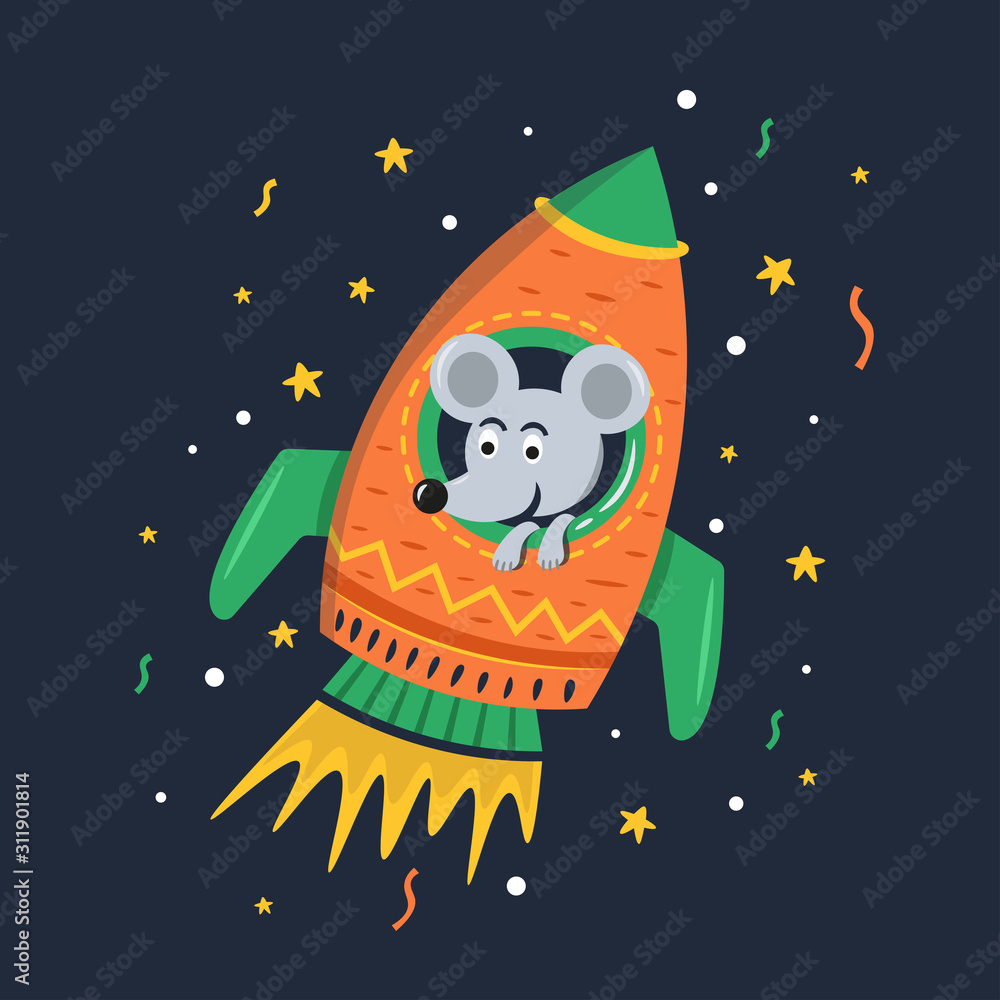 hope Wind fell Cute mouse in a space rocket cartoon character. Vector illustration.  Children textile. Stock Vector | Adobe Stock