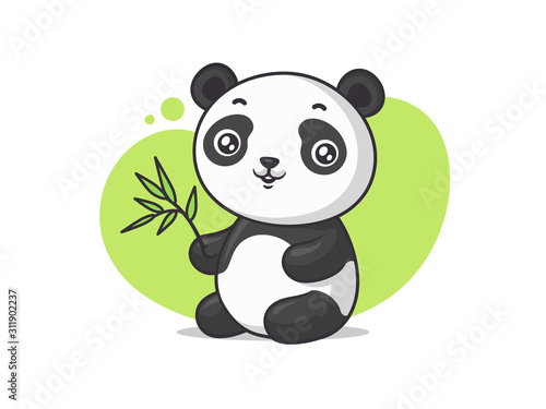 Cute baby panda bear holding bamboo branch cartoon illustration