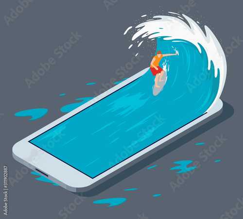 Surfer surfing a phone wave vector illustration. Surfing the web design concept