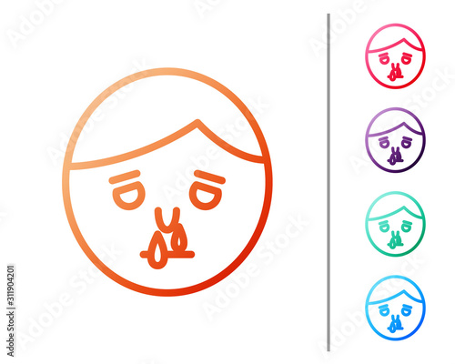 Red line Runny nose icon isolated on white background. Rhinitis symptoms, treatment. Nose and sneezing. Nasal diseases. Set color icons. Vector Illustration