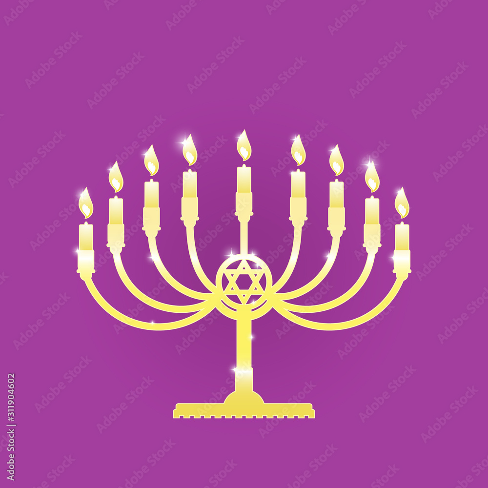 The golden symbol of Menorah with nine glowing candles is isolated on a purple background. The symbol is for the Hanukkah holiday. The golden symbol of Menorah with nine glowing candles is isolated on a purple background. The symbol is for the Hanukkah holiday.