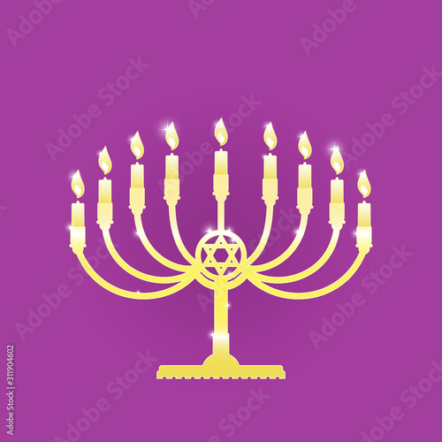 The golden symbol of Menorah with nine glowing candles is isolated on a purple background. The symbol is for the Hanukkah holiday.