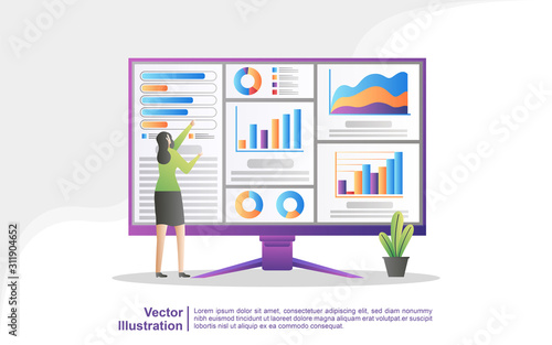 Data analysis concept. People analyze chart movements and business development. Data management, auditing and reporting. Can use for web landing page, banner, flyer, mobile app. Vector Illustration
