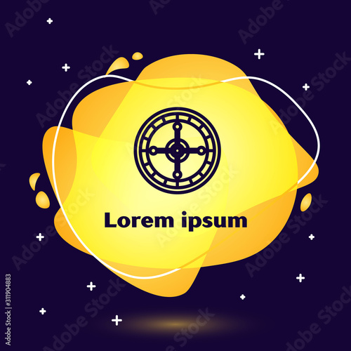 Black line Casino roulette wheel icon isolated on blue background. Abstract banner with liquid shapes. Vector Illustration