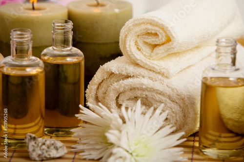 Spa arrangement with towels, oils and soap