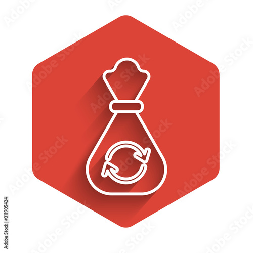 White line Garbage bag with recycle symbol icon isolated with long shadow. Trash can icon. Recycle basket sign. Red hexagon button. Vector Illustration