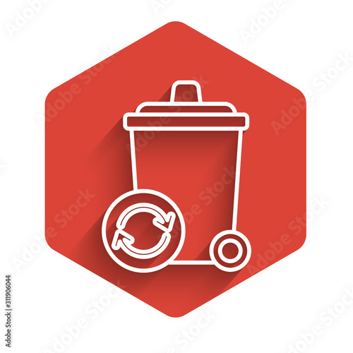 White line Recycle bin with recycle symbol icon isolated with long shadow. Trash can icon. Garbage bin sign. Recycle basket sign. Red hexagon button. Vector Illustration