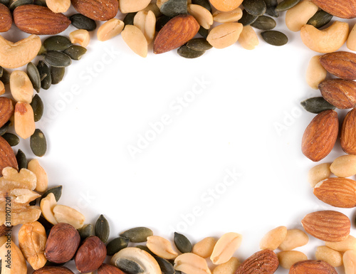 Almond, pistachio, peanut, walnut, hazelnut mix copyspace frame background