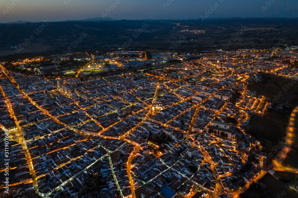 aerial view of the night city of Ronda